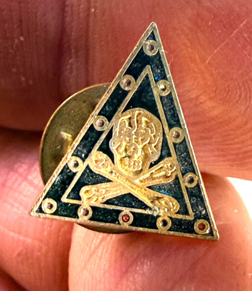 vtg Masonic mason Skull Crossbones fraternal memento mori pin pinback black gold
