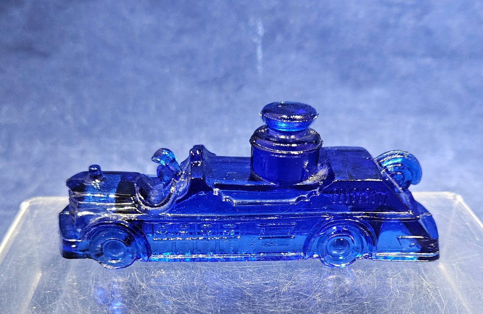 Vintage Cobalt Blue Glass Fire Truck Engine Candy Container 4.5 Inch RARE