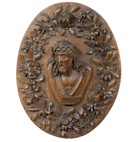 Antique 17thc flemish wood carved bas relief plaque christ wreath flowers