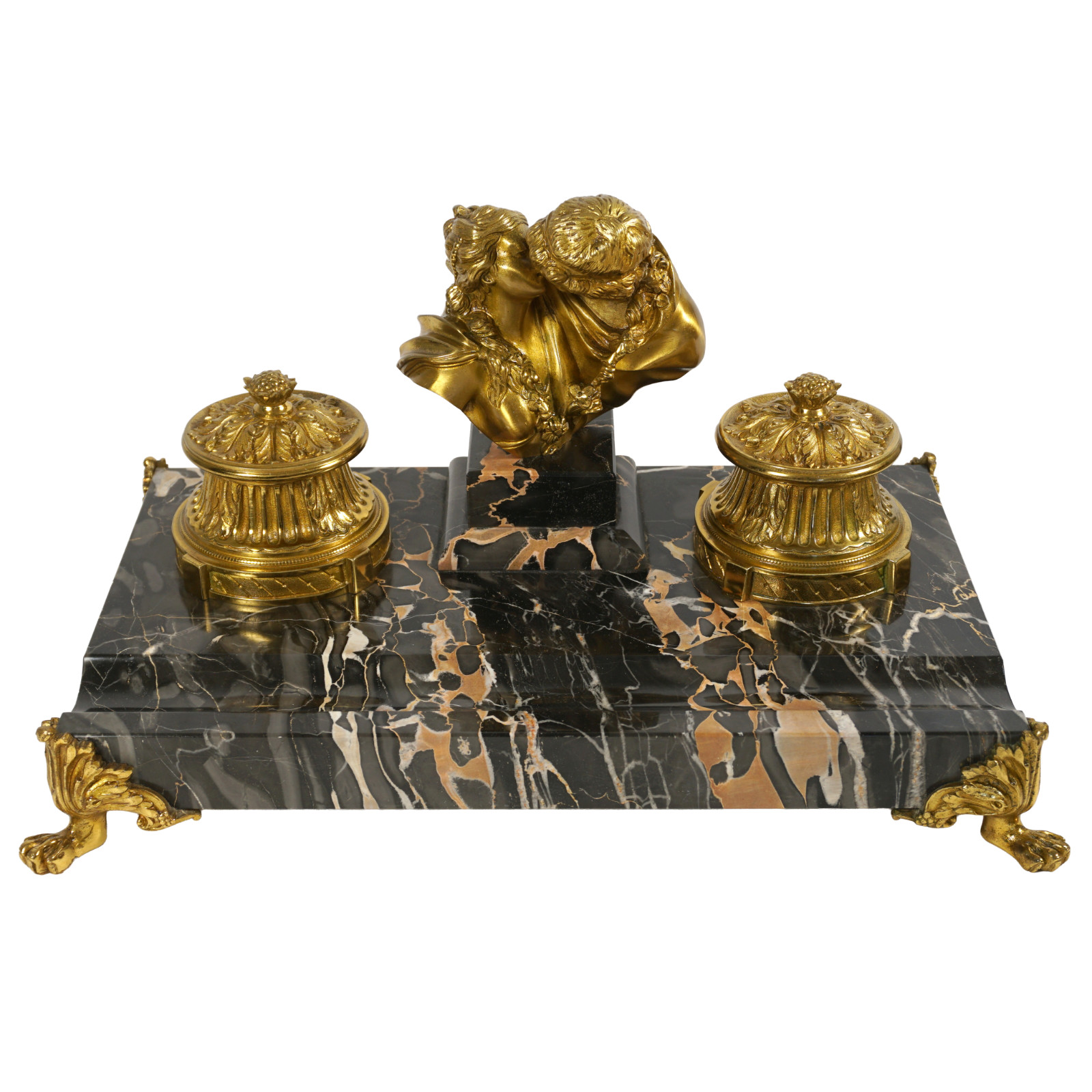French Gilt Bronze Nero Portoro Marble Inkwell, Lovers Sculpture, Desk Ink Stand