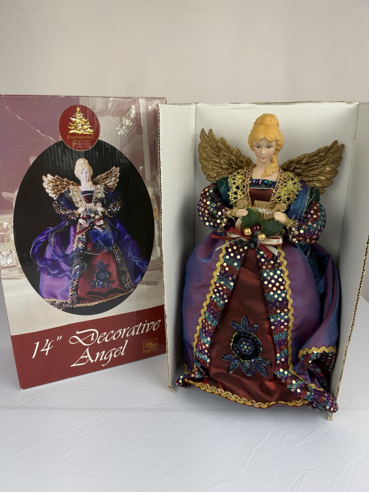 Enchanted Forest 14” Christmas Angel Tree Topper Purple Gold Sequins w/ Box