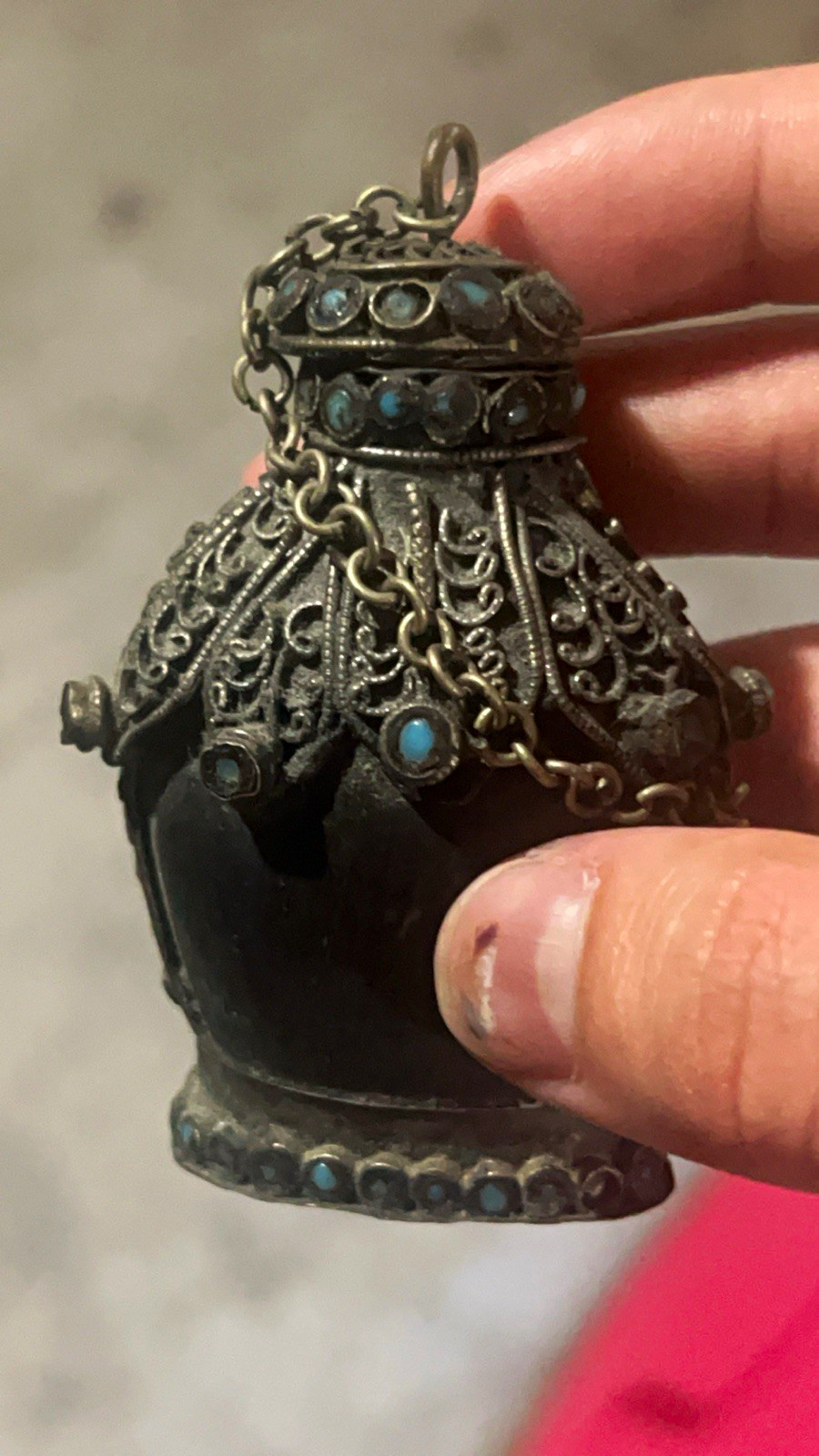 Old Chinese Snuff Bottle w/ Metal Filigree Overlay & Turquoise/Blue Stone Inlays