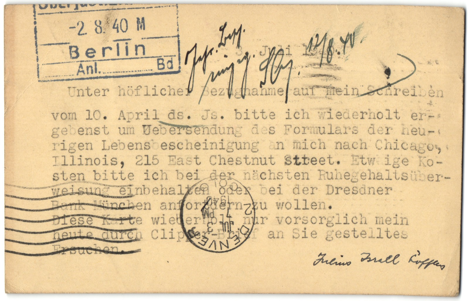 1940 WWII Judaica Postal Card US to Berlin Dismissed German Jewish Judge