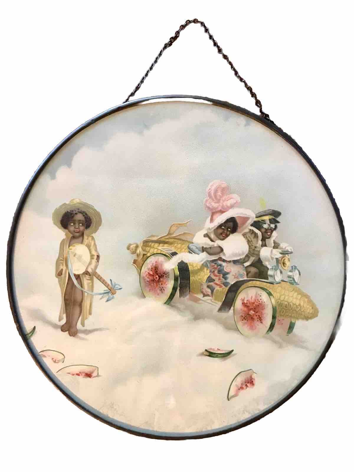 Vintage Chimney Flue Cover Glass w/ An African American Folk Art Scene 9.5” Dia