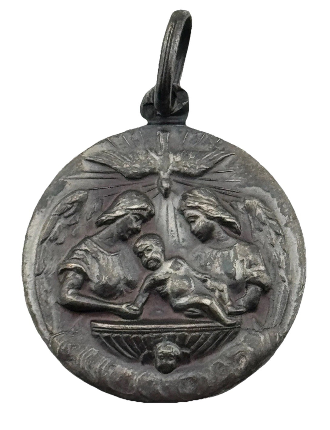 Vintage 835 Silver Baptism Religious Medal Dove Angel Small Pendant