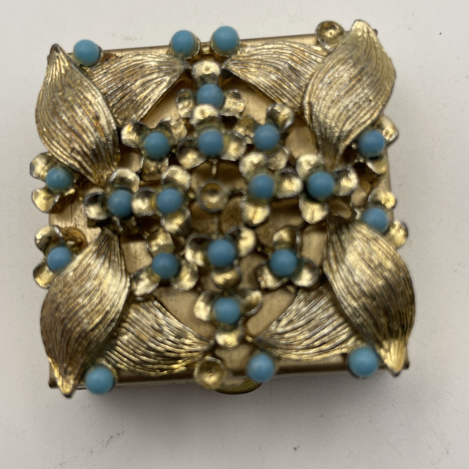 Vintage 1950s Jeweled Ormolu Pill Box Faux Turquoise Flower Filigree Vanity Case