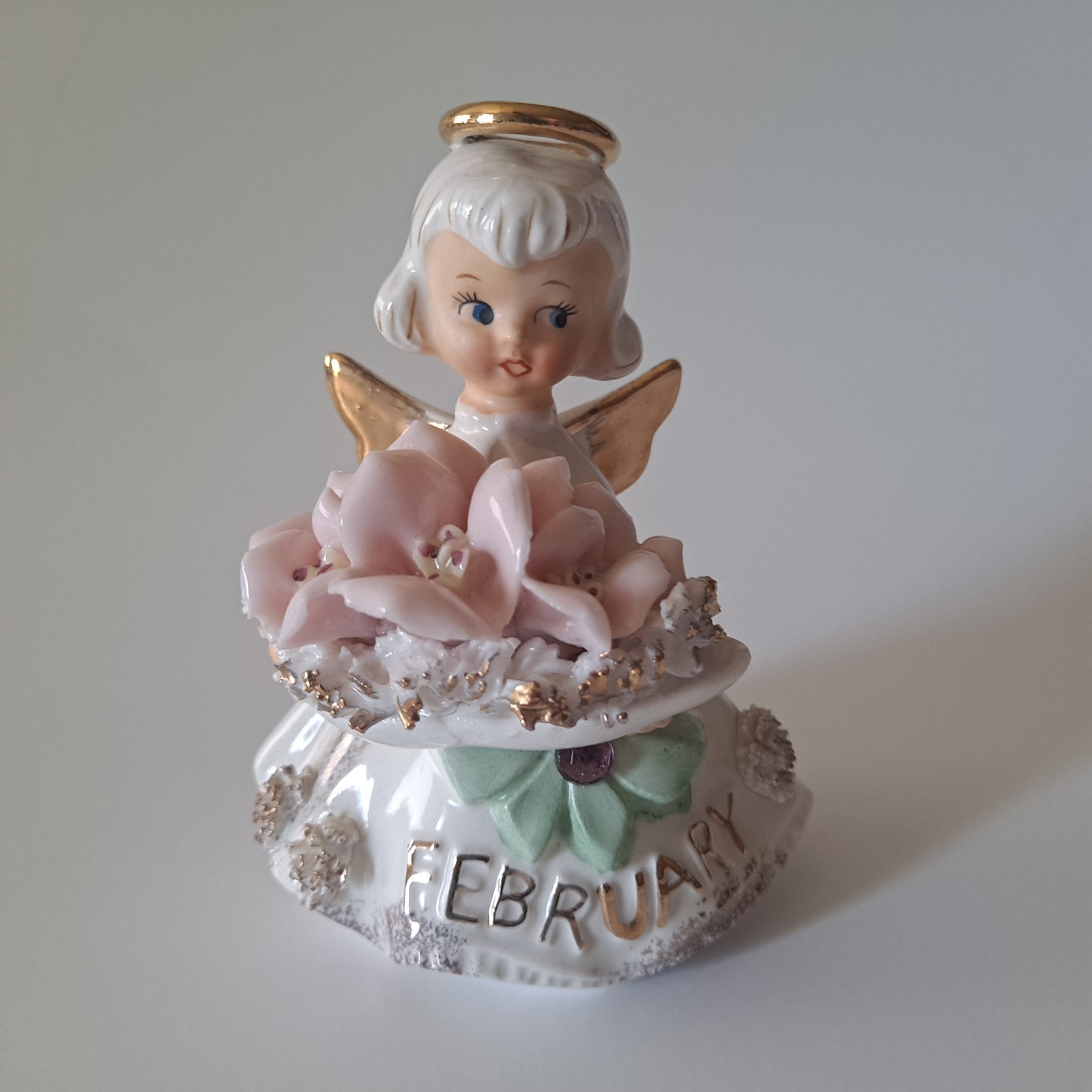 Vintage Lefton #489 Angel of The Month February Violet Flower Girl Figurine 