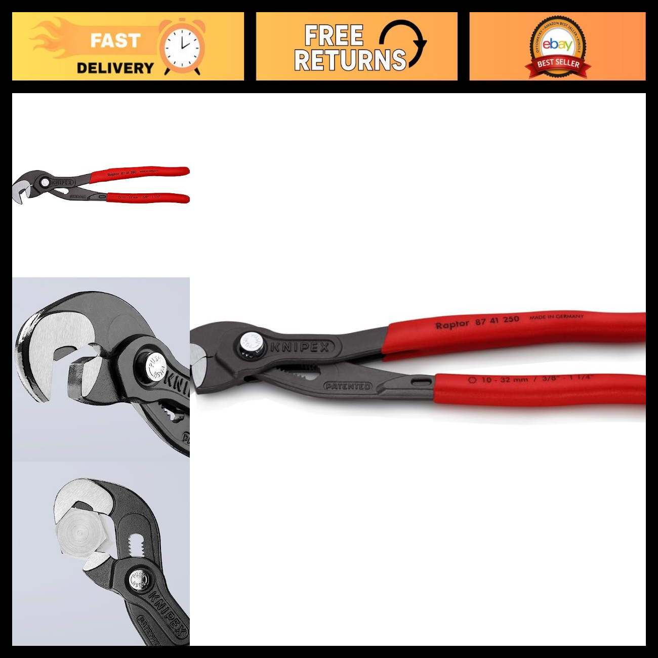 KNIPEX 87 41 250, 10 in. Raptor™ Pliers, Capacity 3/8 in. to 1-1/4 in.