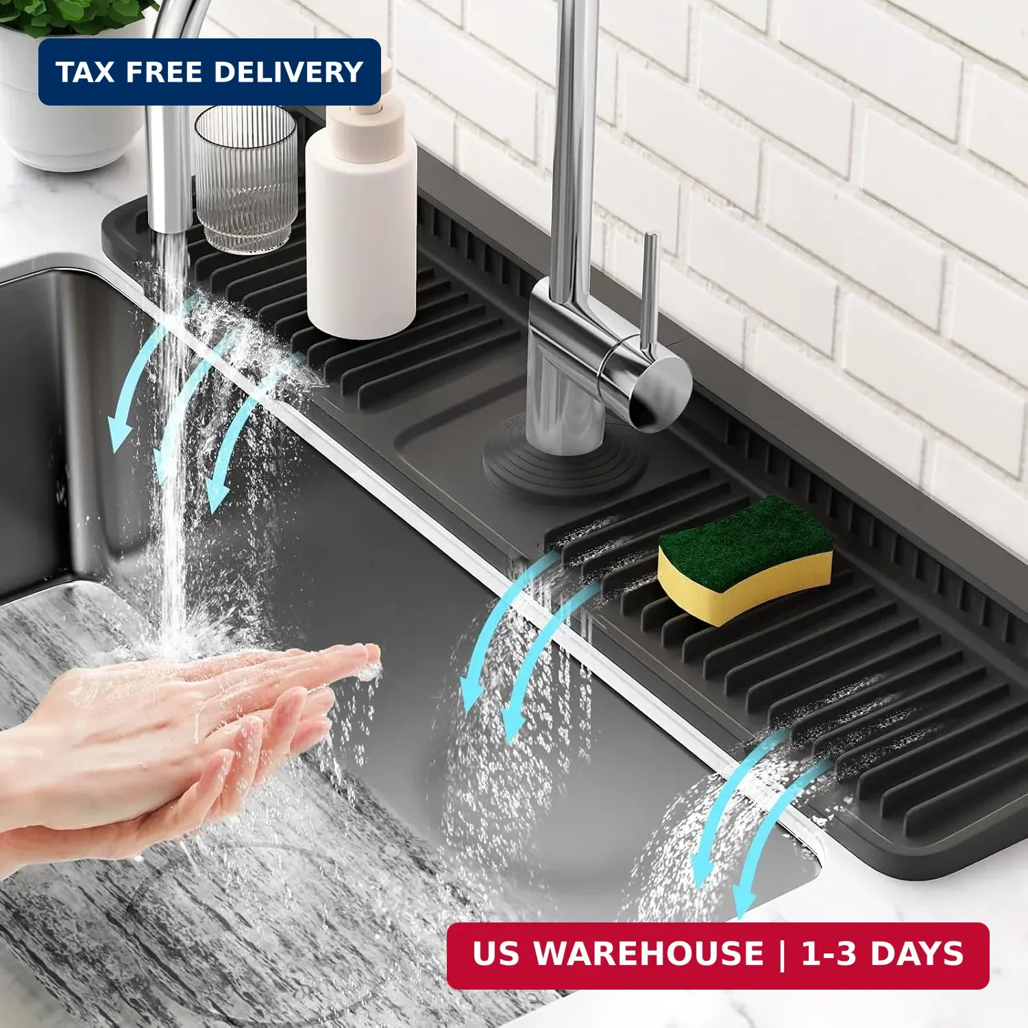 24'' Longer Faucet Mat for Kitchen Sink Splash Guard[7° Slope Fast Self-draining
