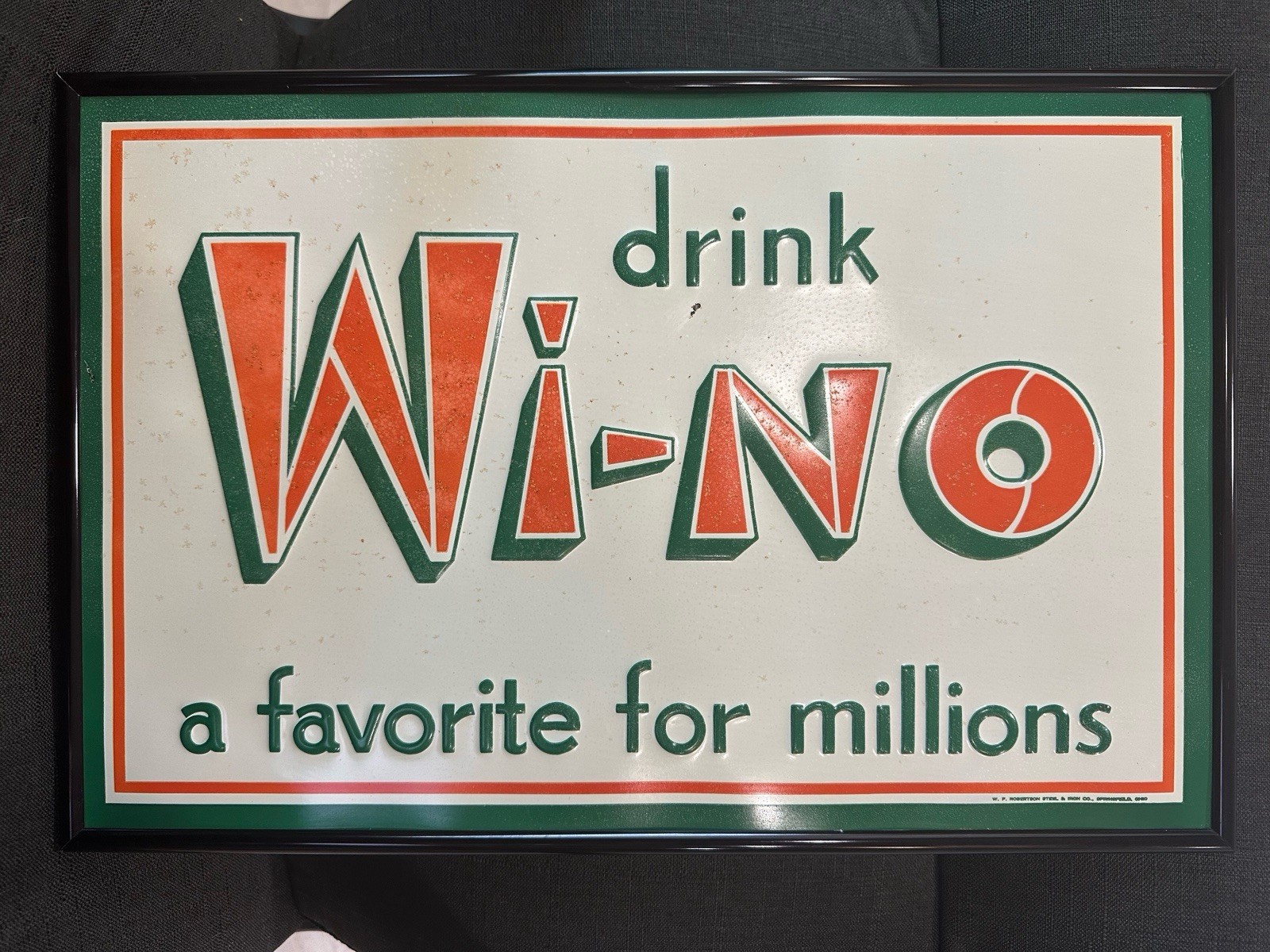 Vintage 1940’s Drink Wi- No Tin Soda Sign Rare Original Embossed Orange Green