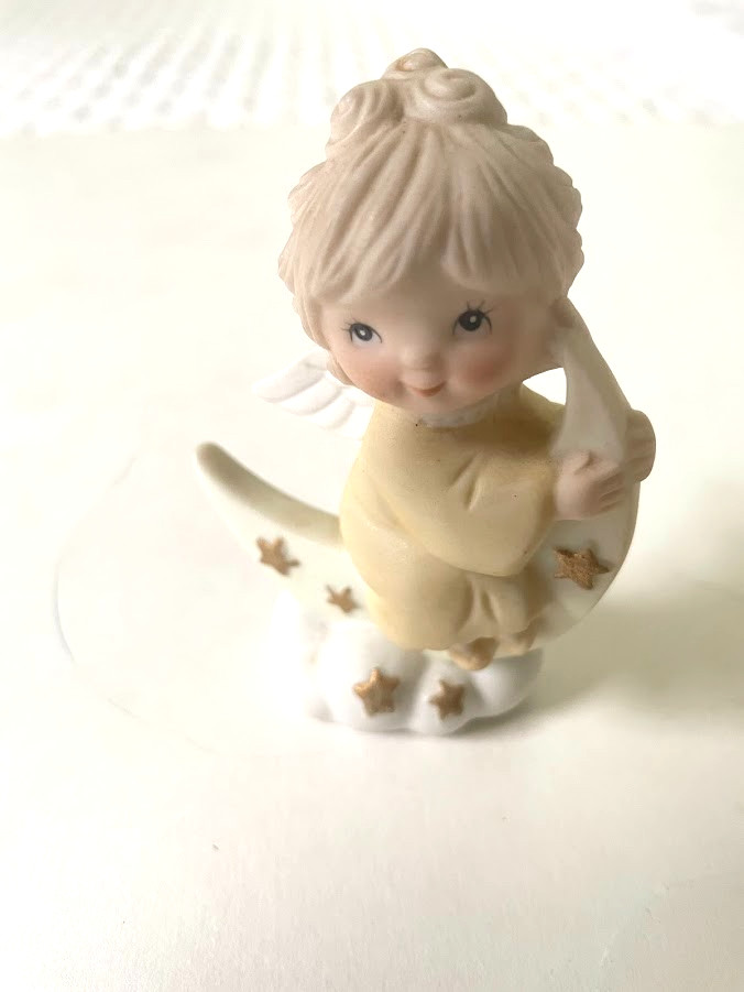 Cute Vtg Lefton Angel crescent moon gold stars cloud Ceramic Figurine Japan  3\