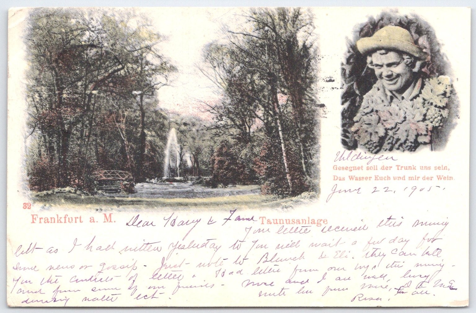 1905 Frankfurt a.M. Taunusanlage Fountain Postcard Wildungen Bacchus Poem