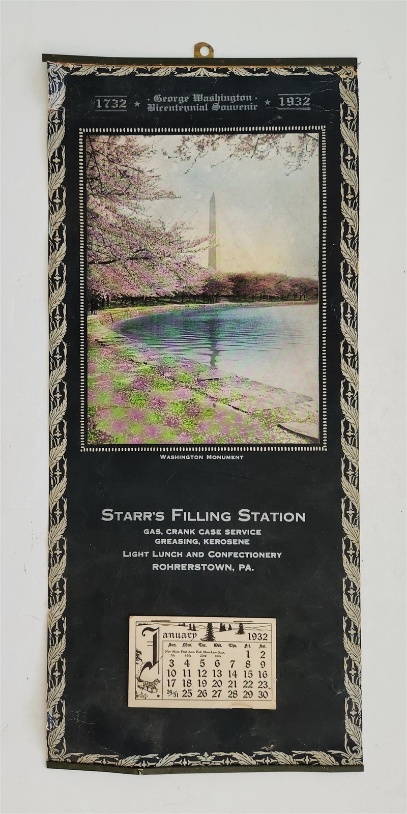 1932 antique WALL CALENDAR rohrerstown pa STARR'S FILLING STATION gas service 