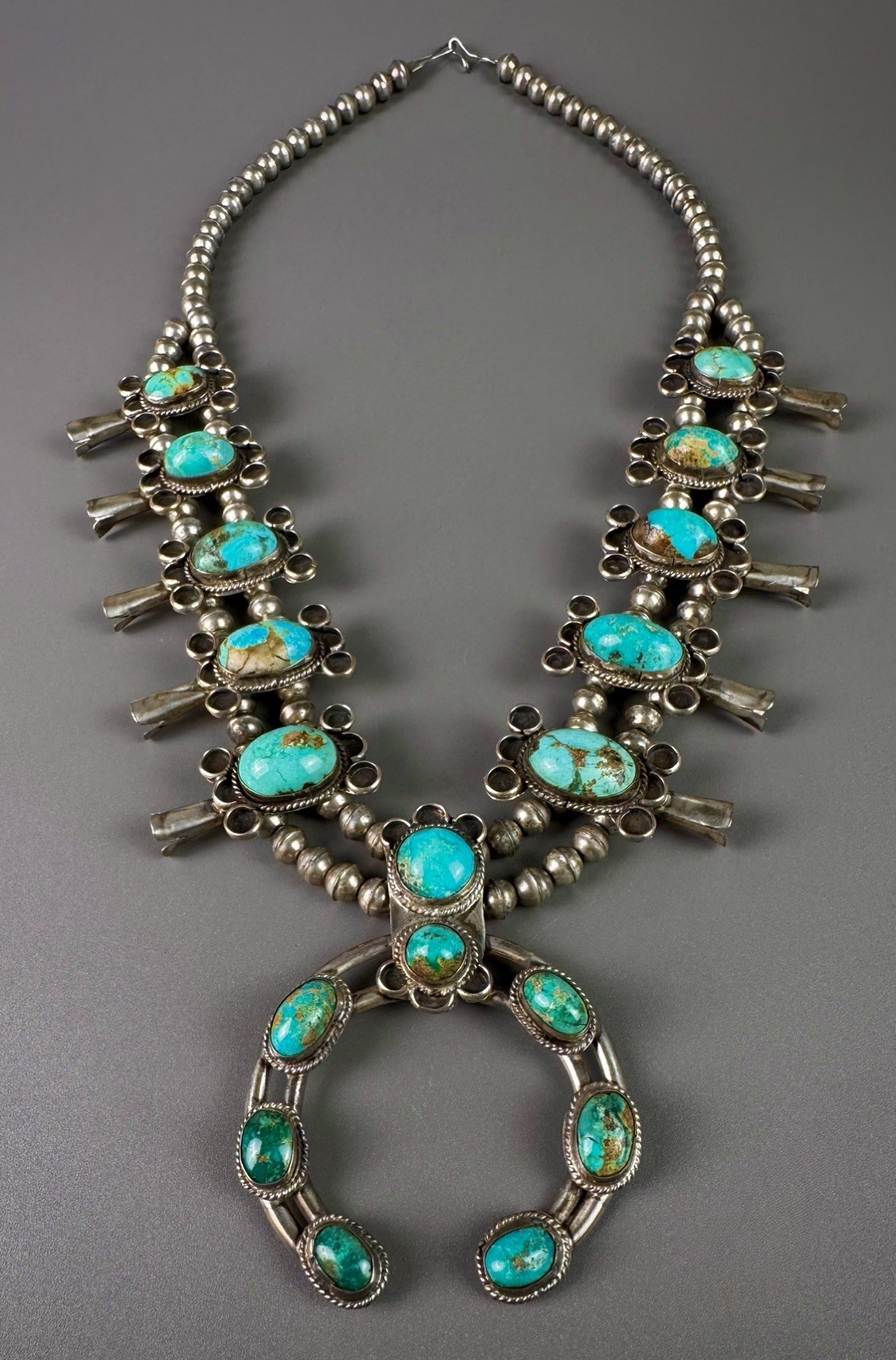 LARGE HEAVY OLD Vintage Navajo Sterling Silver Turquoise Squash Blossom Necklace
