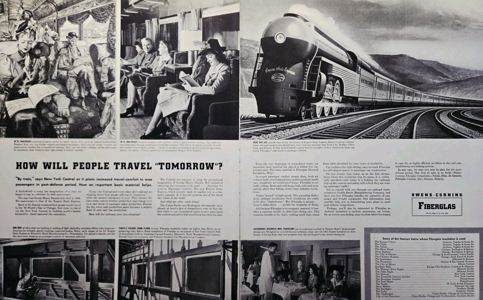 Owens-Corning Fiberglas Print Ad 1942 - New York Central Plans Increased Comfort