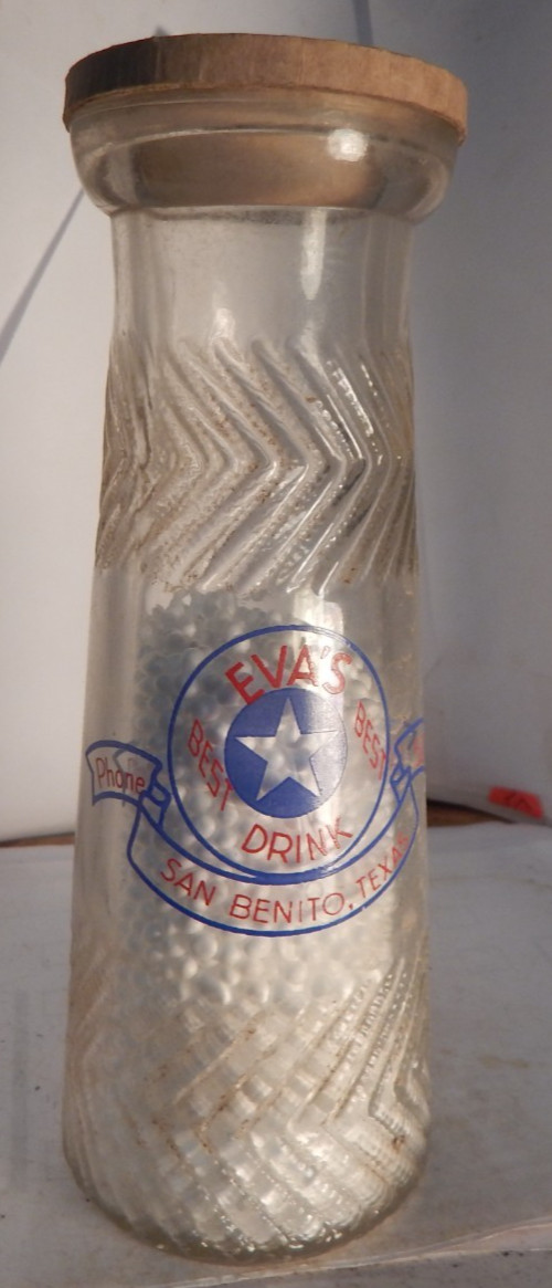 vintage 2 color  pyro 1/2 pt milk bottle-Eva's best Drink San Benito, Texas odd