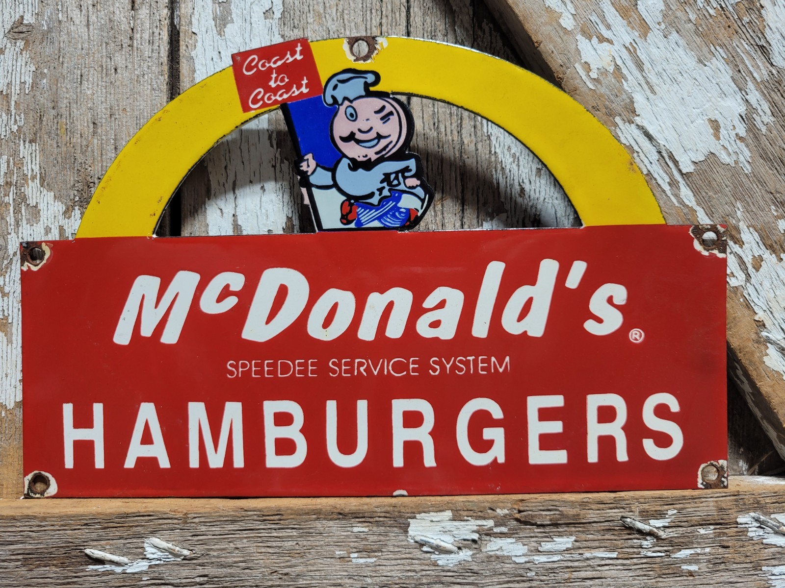 VINTAGE MCDONALDS PORCELAIN SIGN OLD FAST FOOD RESTAURANT HAMBURGERS SPEEDEE FRY