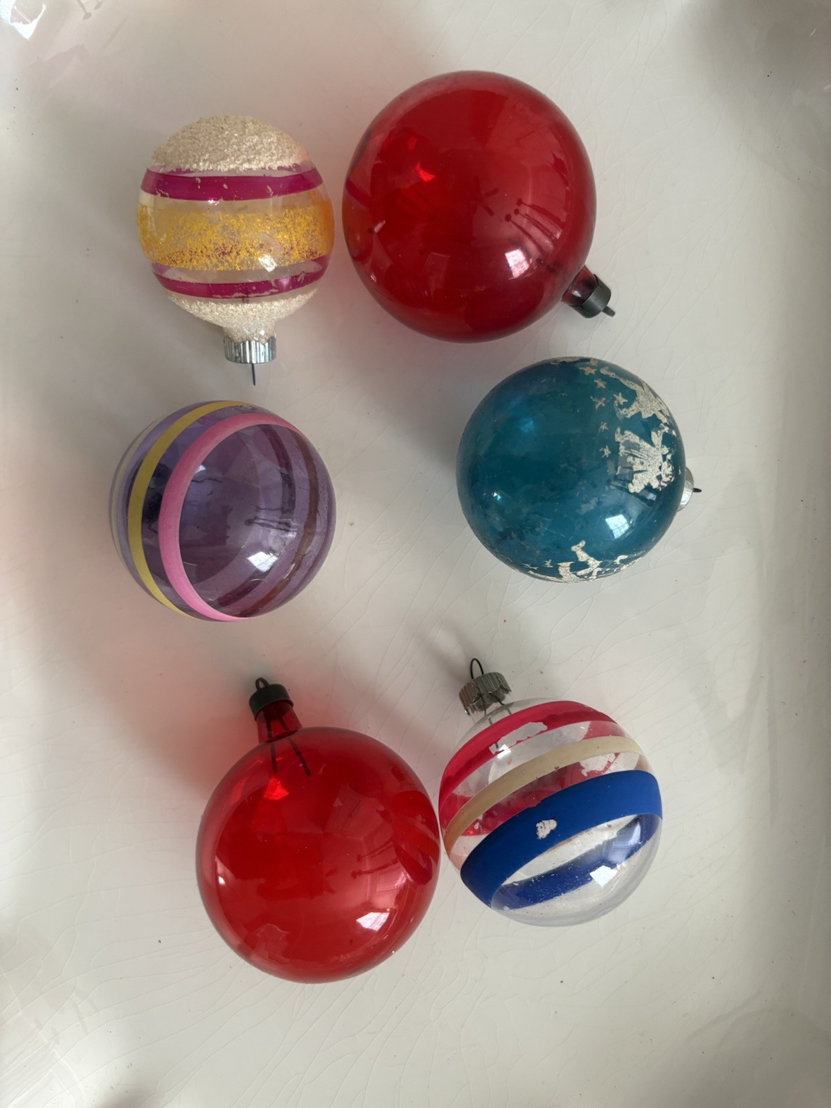 Vtg lot of 6 Unsilvered Glass Striped Christmas Ornaments Striped Stencil Solid