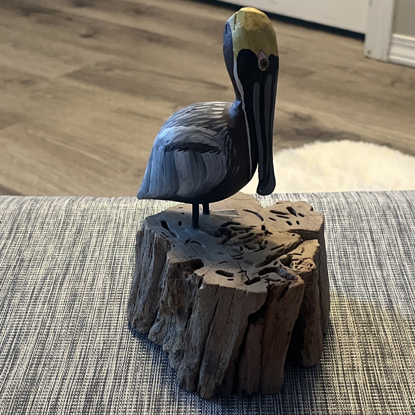 Vintage Hand Carved Painted Wood Pelican on Driftwood Figurine Bird Folk Art