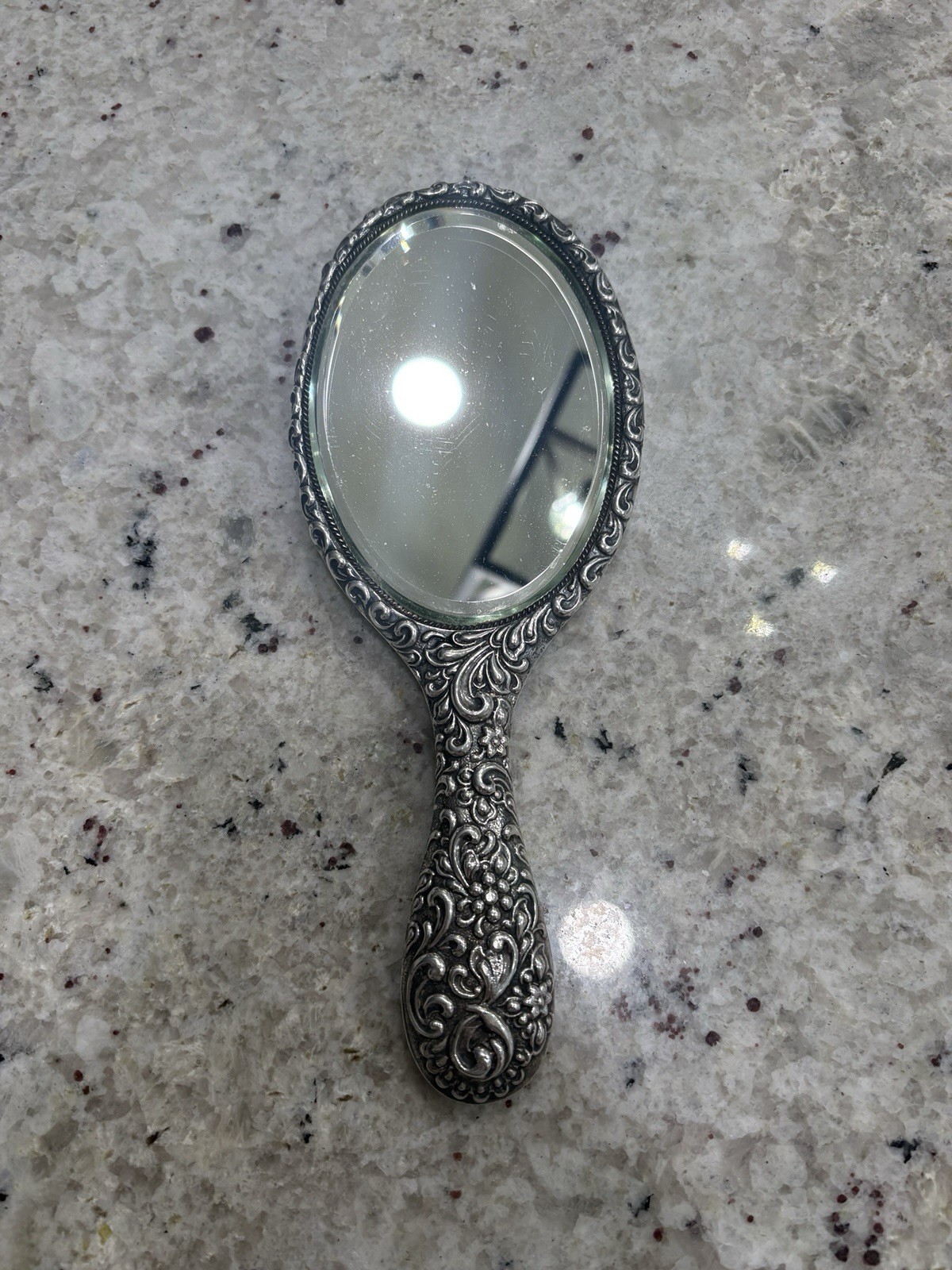 Vintage STERLING Silver Handheld Mirror Floral Design RARE William Devenport