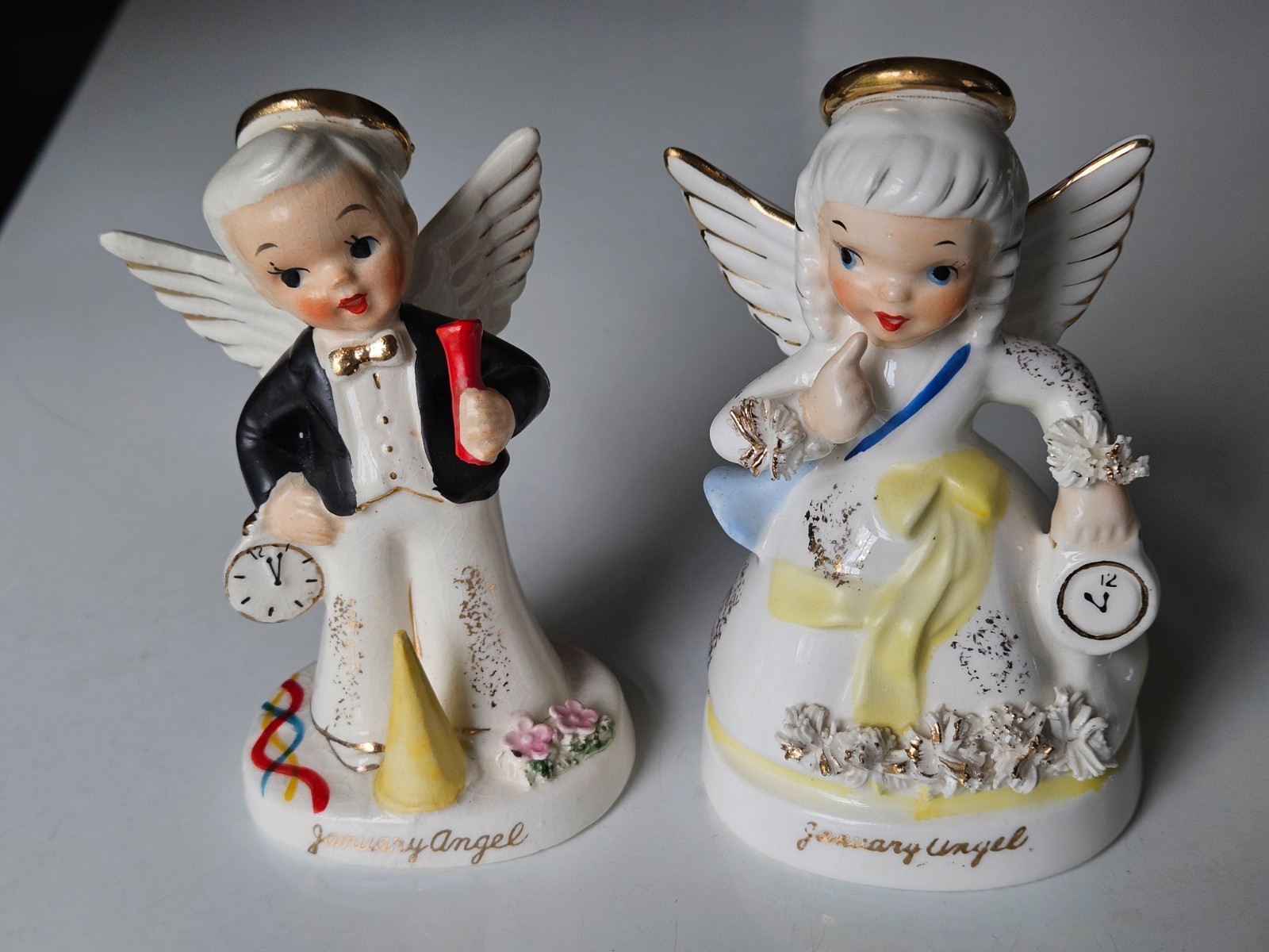 2 Vintage 1956 NAPCO Boy & Girl Angel Figurines JANUARY Birthday New Years Party
