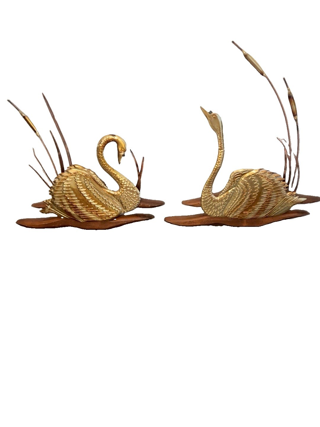 Vintage 1970s Brass Swan Wall Art Pair Wood Cattails MCM Hollywood Regency