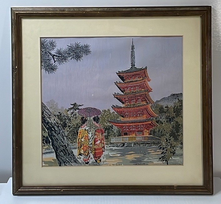 Vintage Japanese Silk Embroidery Landscape’s Framed, Beautiful Art