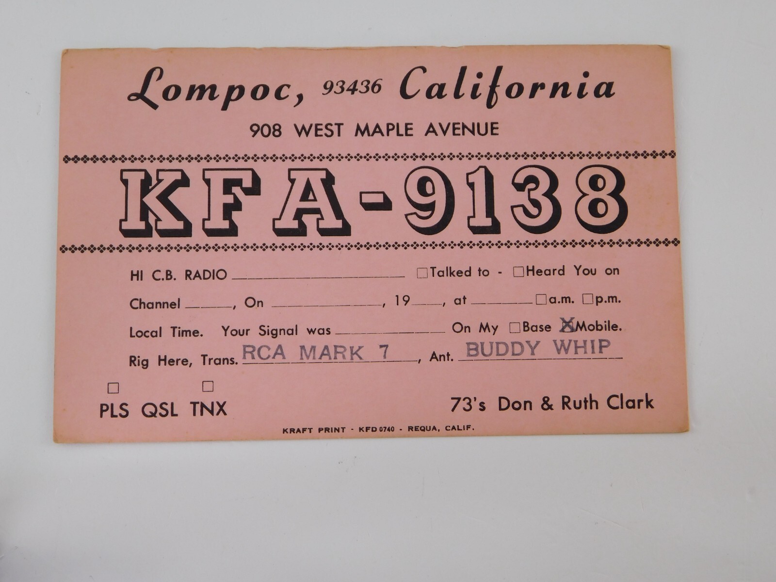 Vintage Amateur Ham Radio QSL Postcard Card - KFA 9138 - Lompoc California
