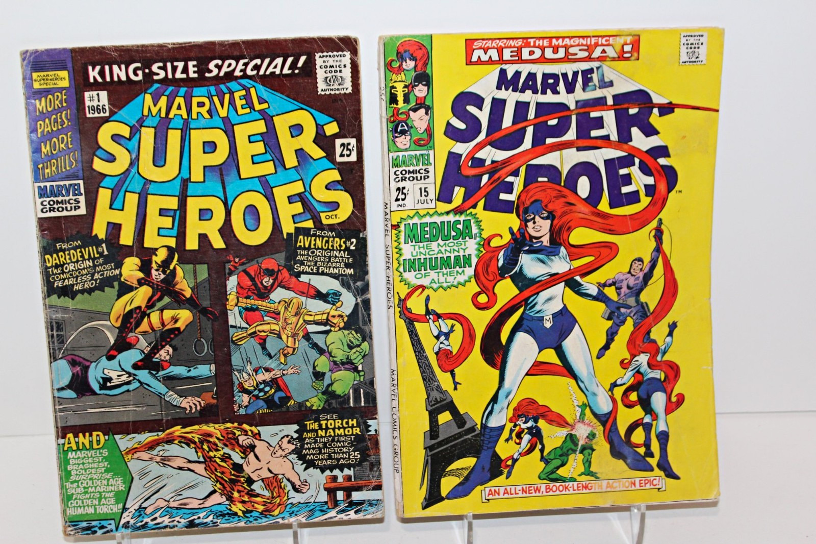 Marvel Super-Heroes Lot #1 & #15 (1966-1968) 1st Solo Medusa, Origin Daredevil