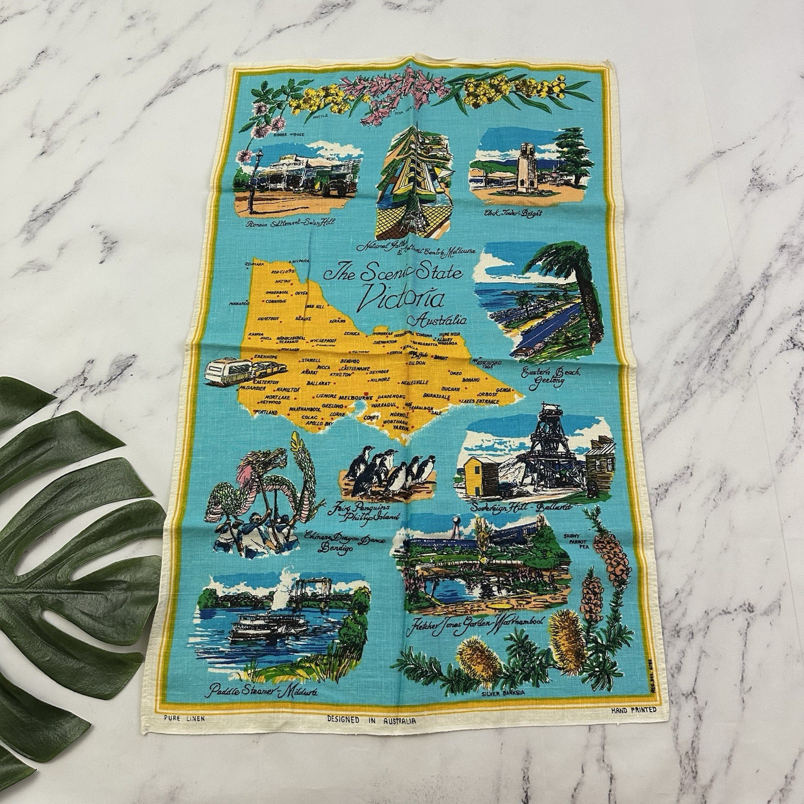 Vintage 70s Victoria Australia Linen Tea Towel New Blue Flowers Souvenir Map