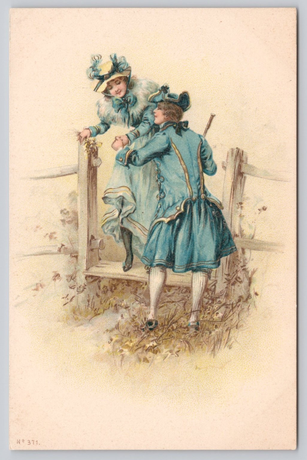 1898 Undivided Postcard Man Woman Fence Romantic Scene Nº 371