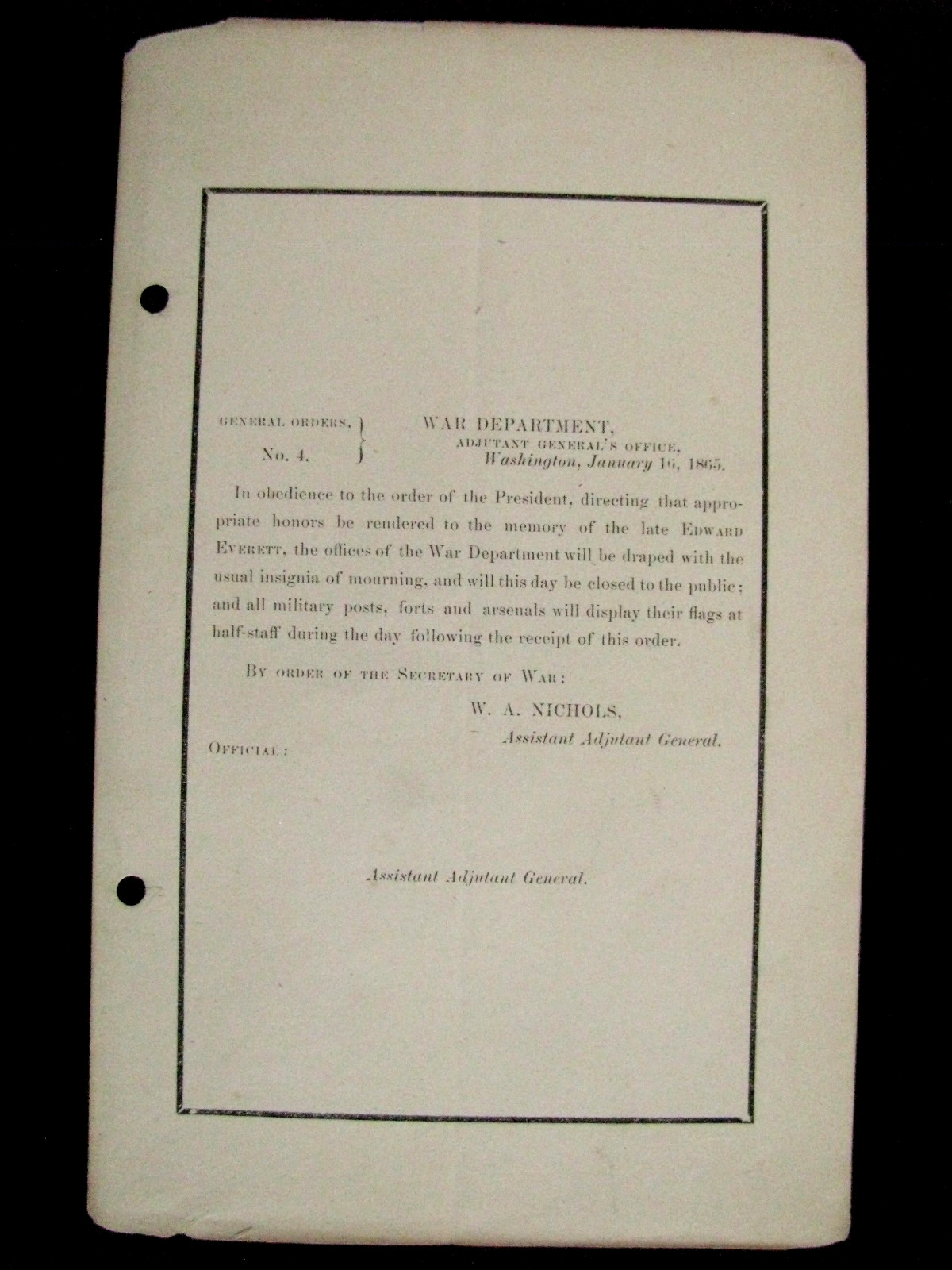 EDWARD EVERETT CIVIL WAR GETTYSBURG ORATOR MOURNING ORDER