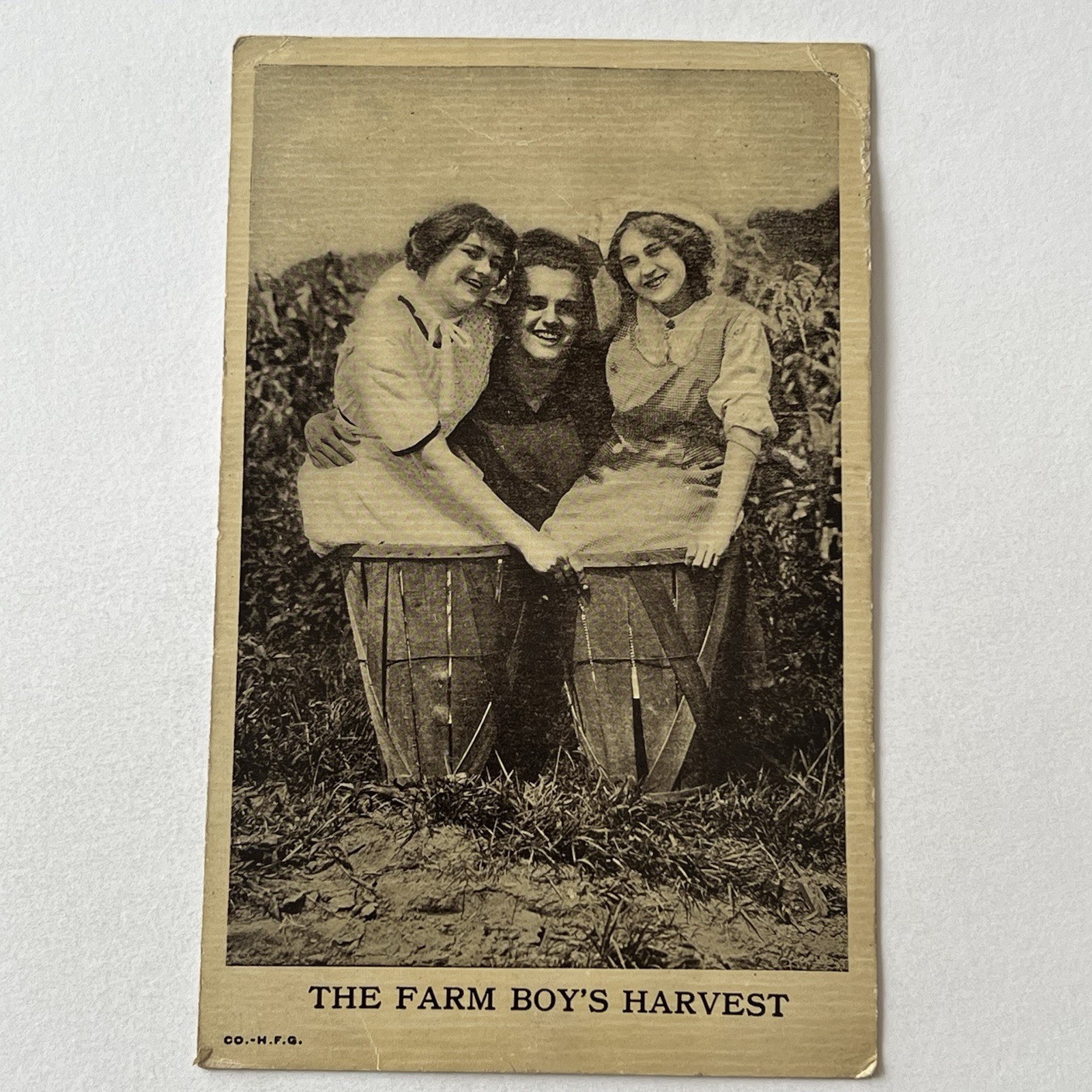 Antique Funny Postcard The Farm Boy’s Harvest Women In Baskets Handsome Man