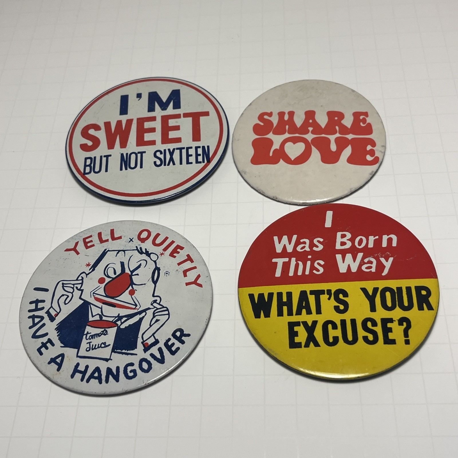 LOT of 4 VINTAGE FUNNY SARCASTIC SHARE LOVE NOVELTY BUTTON PINS PINBACKS