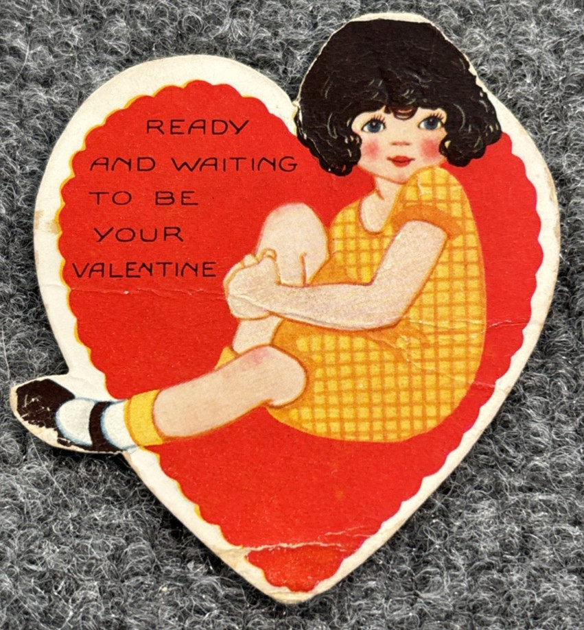 Vintage Valentine Girl Sitting Ready and Waiting To Be Your Heart