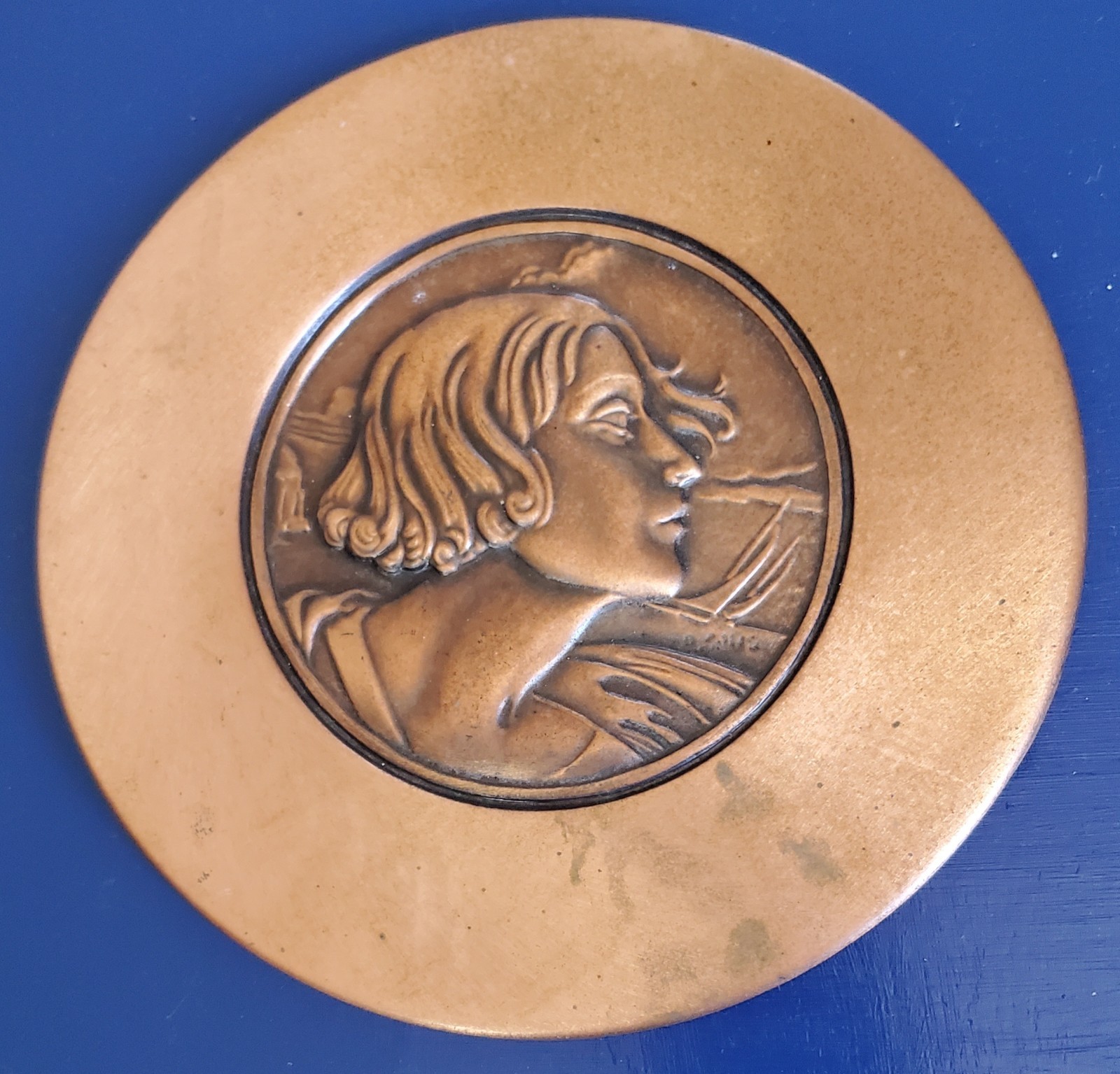 Vintage Repousse Art Deco Copper Portrait Wall Plaque Albert Gilles 9\