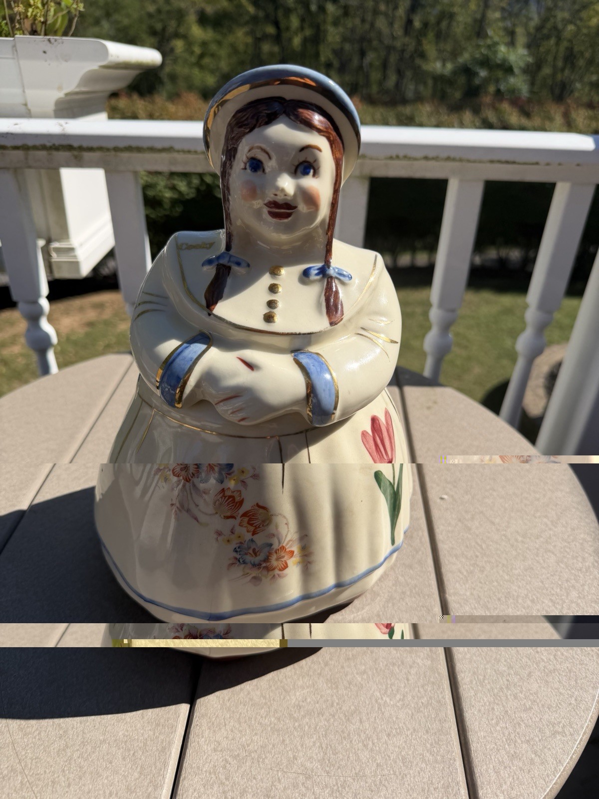 Shawnee Pottery Cooky (Dutch Girl) Cookie Jar With Gold Trim and Flower Decals