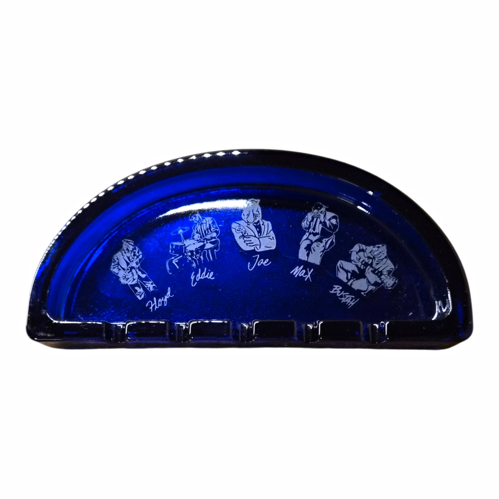 Title: Vintage Joe Camel Jazz Band Cobalt Blue Glass Half Moon Ashtray