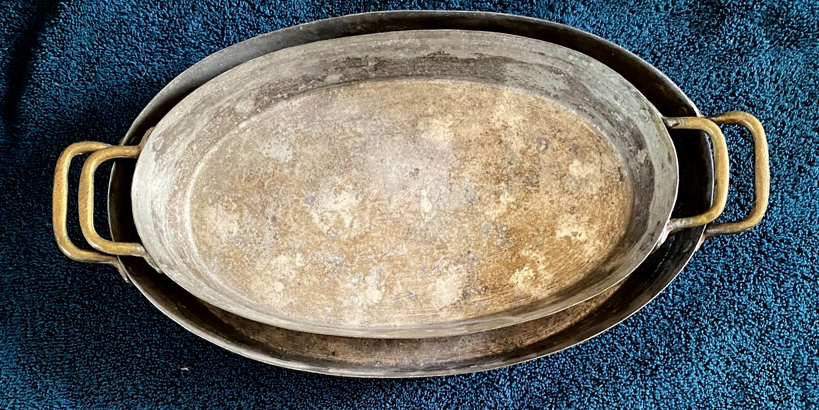 VINTAGE COPPER TIN LINED AU GRATIN PAN COOKWARE W BRASS HANDLES 15.5