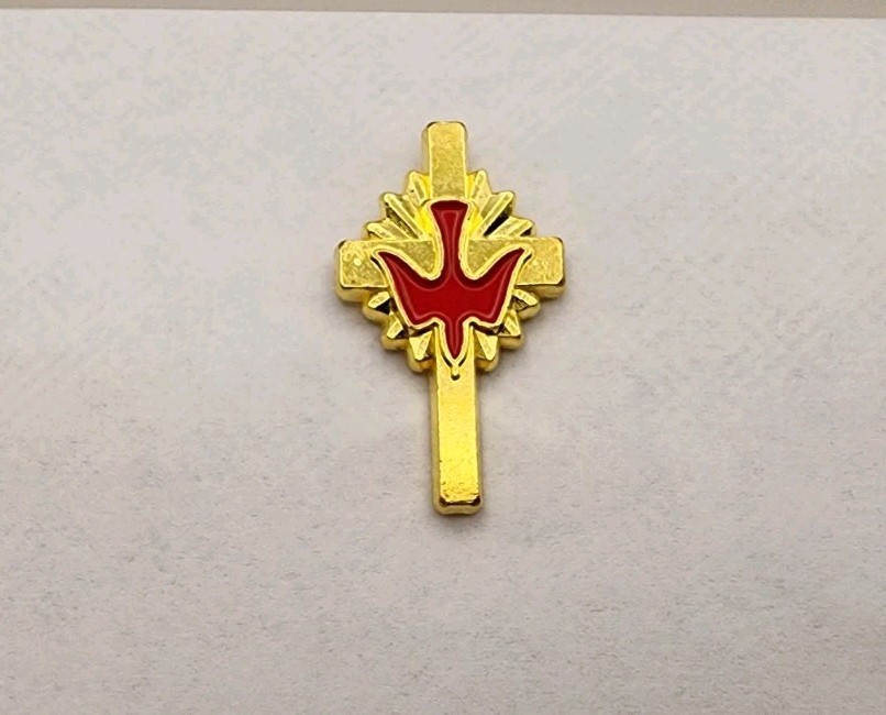 Gold Toned Cross With Red Dove Pin