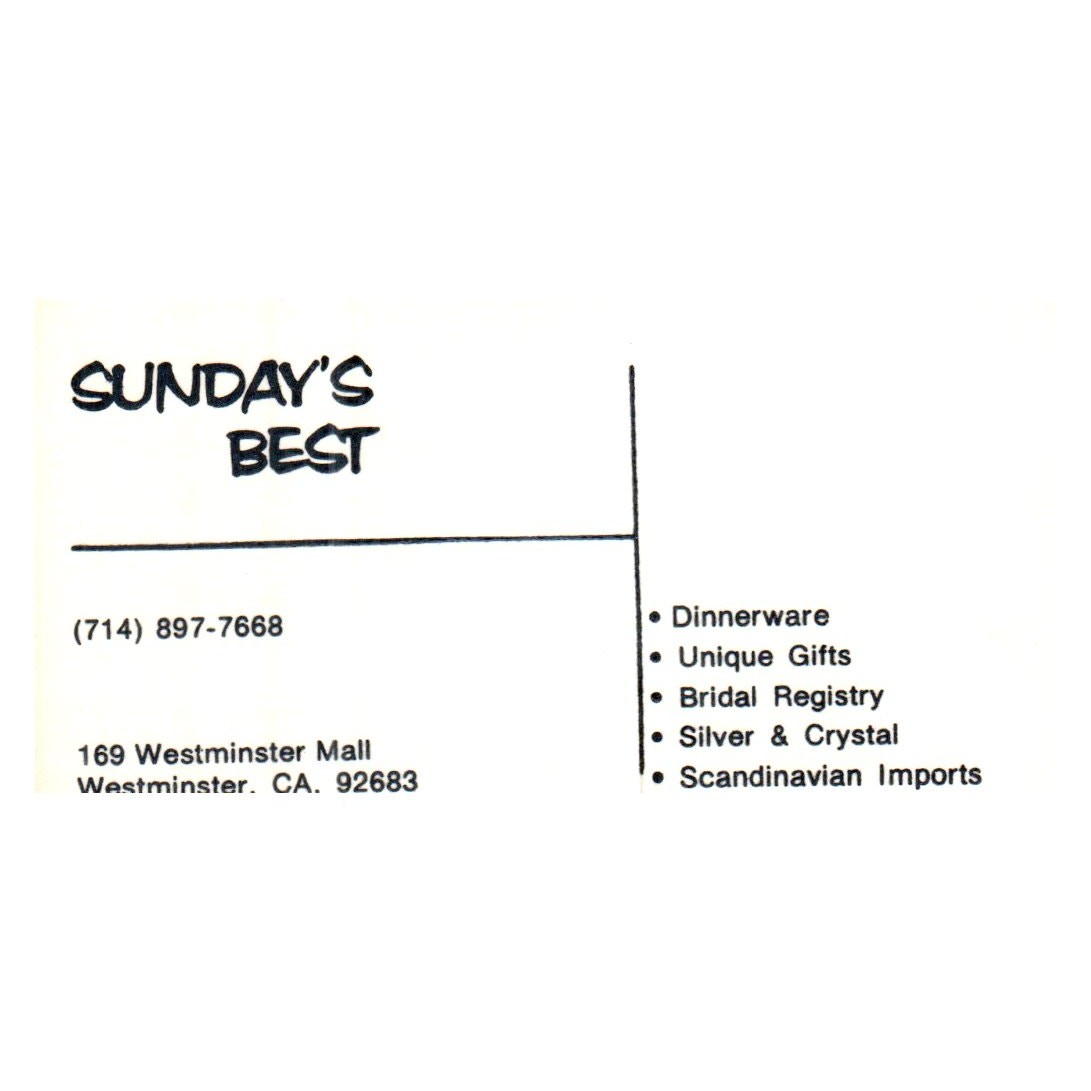 Sunday\'s Best Dinnerware, Unique gifts, Westminster Mall CA Business Card SF3-B1