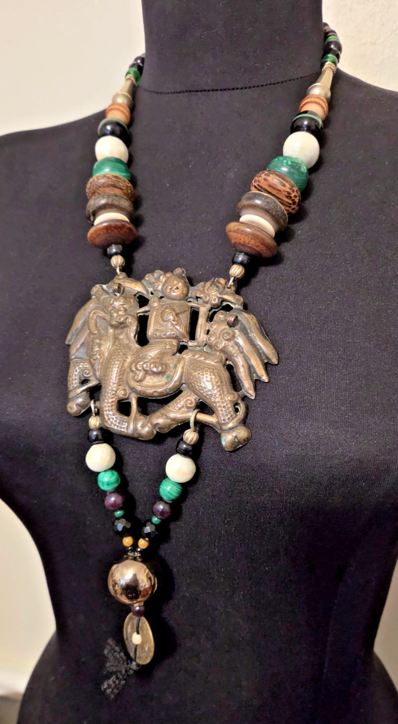 Ethnic Vintage Brass Asian Horse Pendant Beaded Necklace