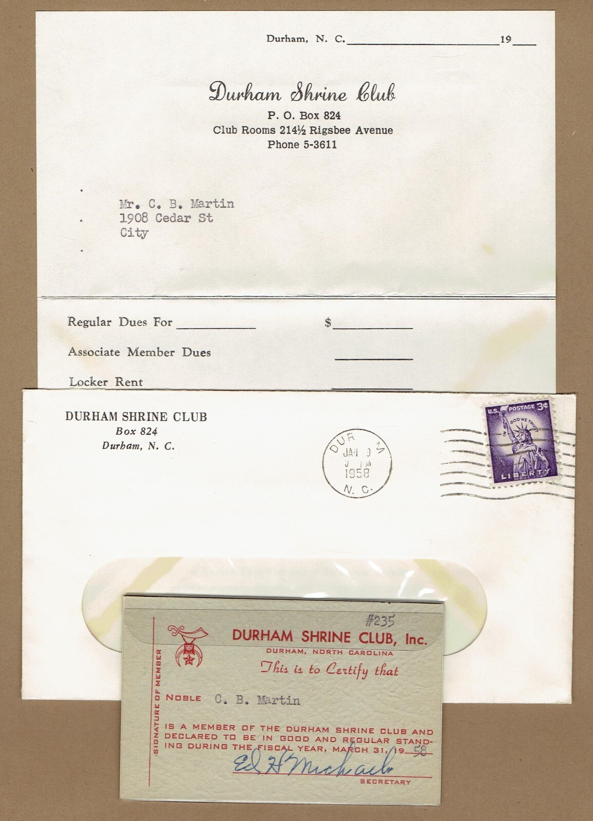 Durham NC Shrine Club 1958 Membership Card & related ephemera