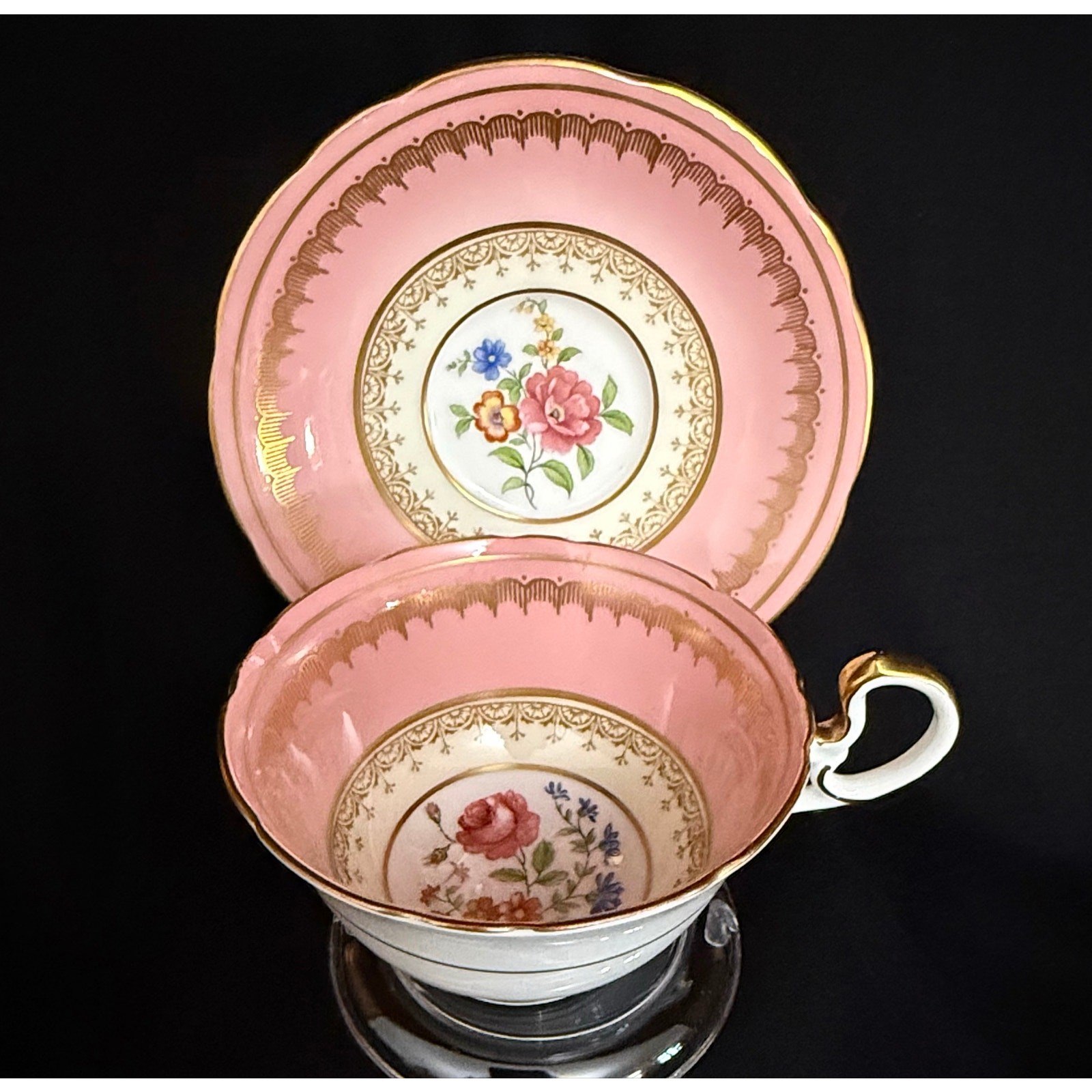 Vintage Aynsley Pink Gold Scroll Teacup Saucer Set C1697 Rose Floral Interior