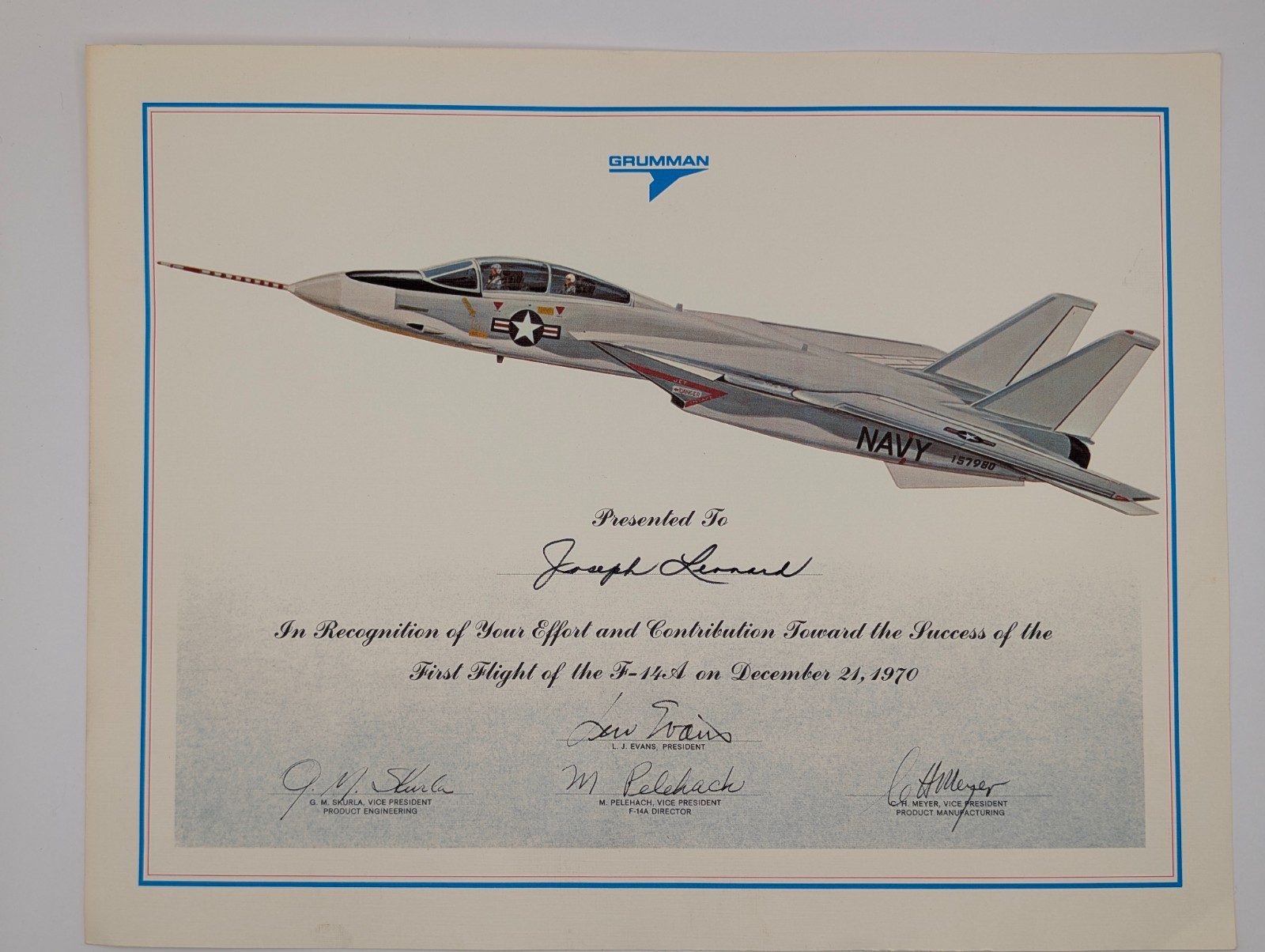 Vtg 1970 Grumman F14A First Flight Recognition Certificate Dec. 21st 1970