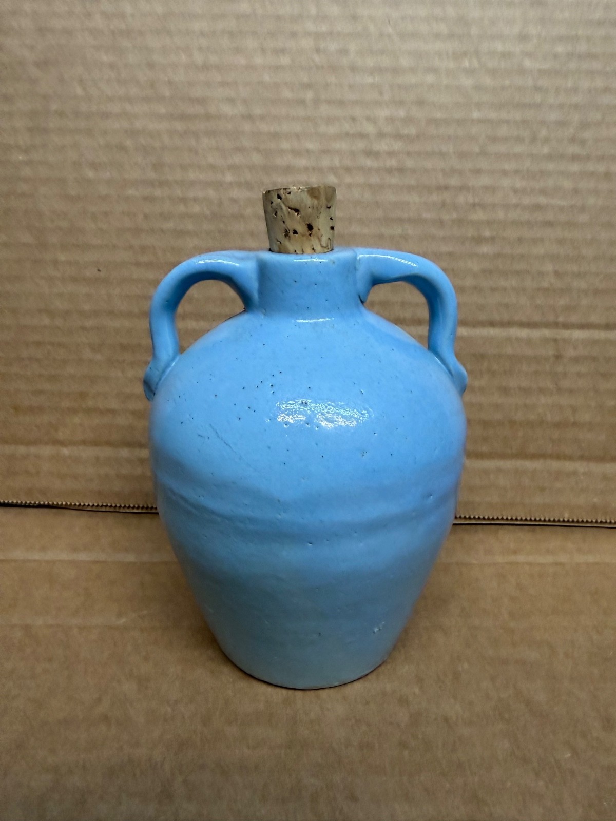 Vintage 5’’ glossy light blue stoneware  mini jug with a double-handled & Cork