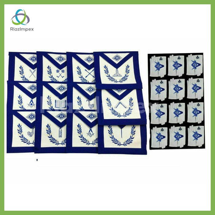 MASONIC BLUE LODGE OFFICERS APRON - SET OF 12 APRON WITH FREE 12 COTTON GLOVES
