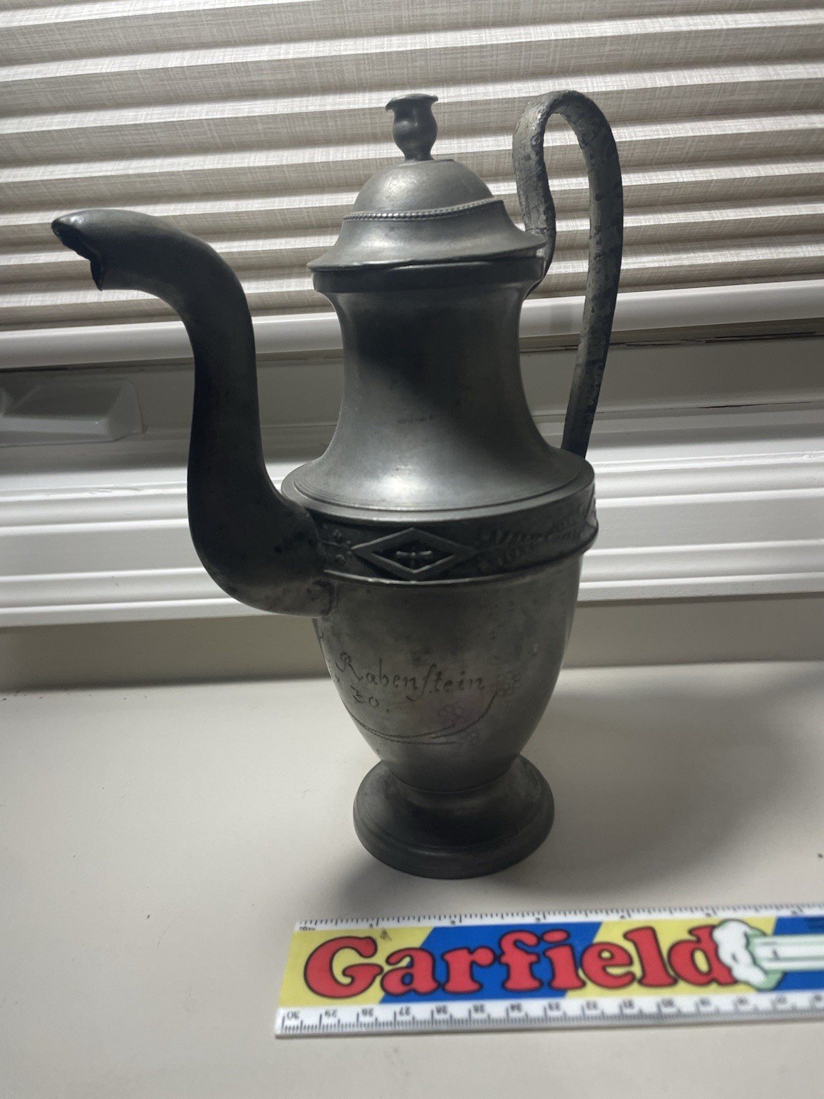 Antique Circa 1830 Pewter Pitcher Handmade And Signed Also Has Hand Made Design