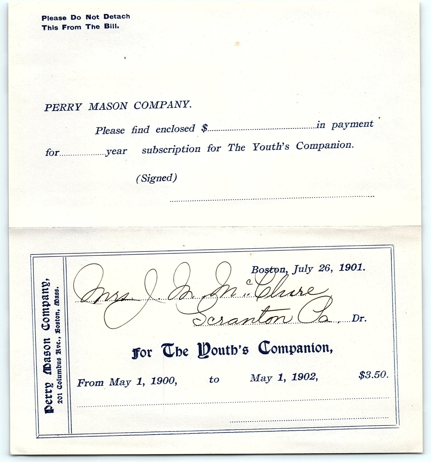 1901 Perry Mason Co. Youth\'s Companion Subscription Bill