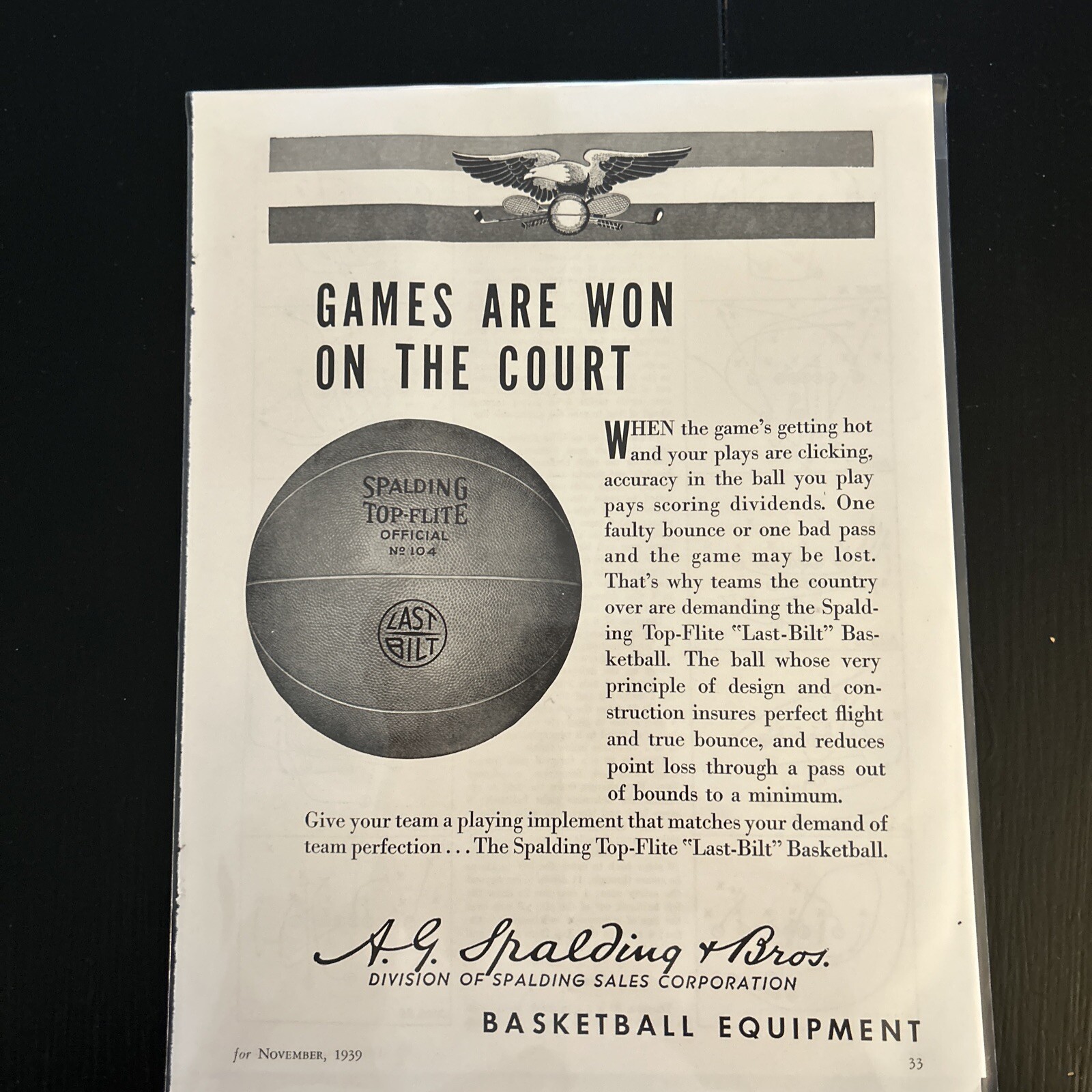 1939 Spalding Basketball VTG Magazine Print Ad Approx 8.5”x11.5” Bag & Board